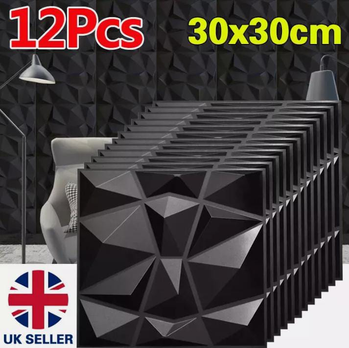 3D Wall Panels for Interior Wall Decor, Modern Diamond Textured Accent Wall Paneling for Gaming Living Room TV Wall Background, 12 x 12 inch Black Decorative Stickers Ornaments White